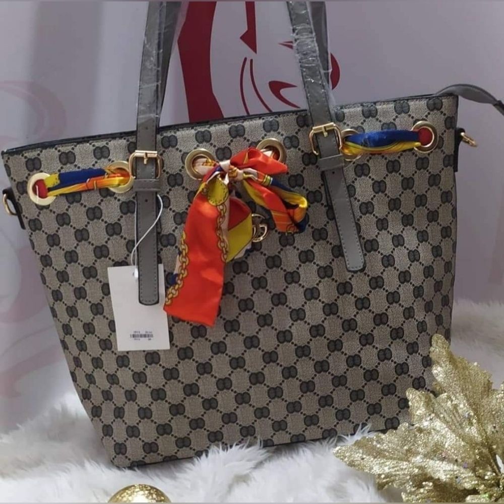 Designer-Style Beige Monogram Tote with orange and yellow Accent Scarf